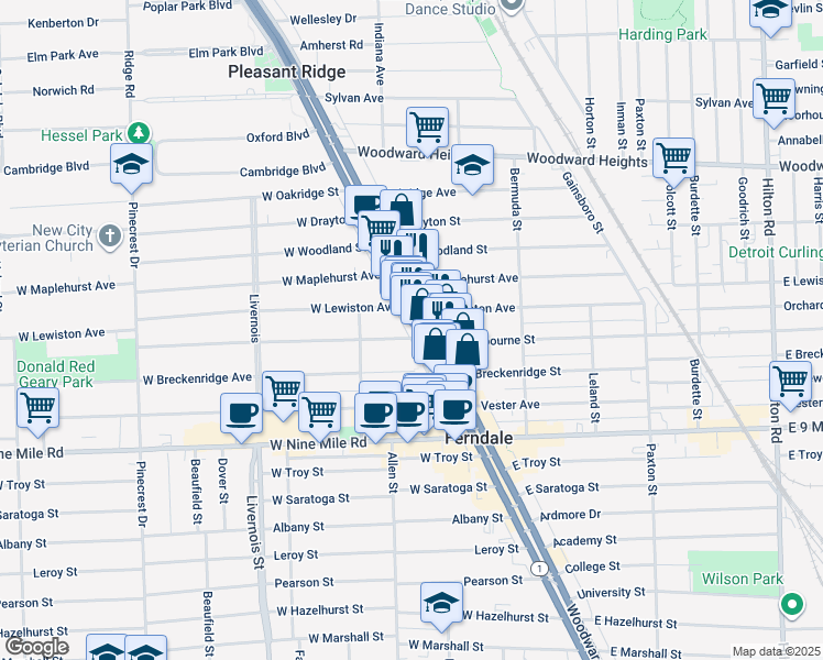 map of restaurants, bars, coffee shops, grocery stores, and more near 170 West Cambourne Street in Ferndale