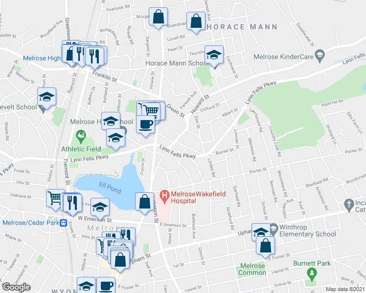 map of restaurants, bars, coffee shops, grocery stores, and more near 190 Bellevue Avenue in Melrose