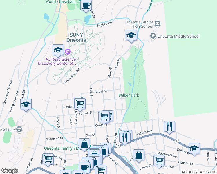 map of restaurants, bars, coffee shops, grocery stores, and more near 41 Cedar St in Oneonta