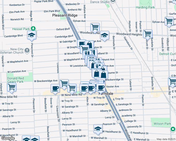 map of restaurants, bars, coffee shops, grocery stores, and more near 176 West Cambourne Street in Ferndale