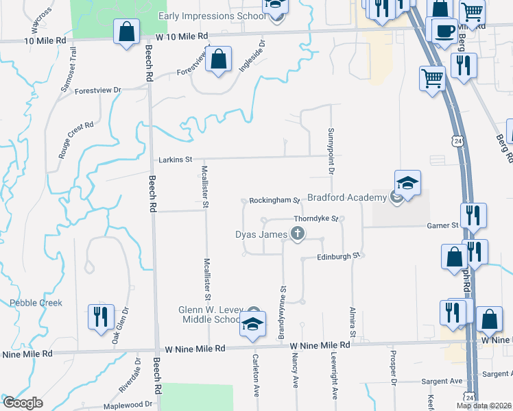 map of restaurants, bars, coffee shops, grocery stores, and more near 23930 Rockingham Street in Southfield