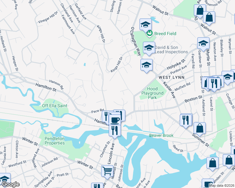 map of restaurants, bars, coffee shops, grocery stores, and more near 32 Homesite Street in Lynn