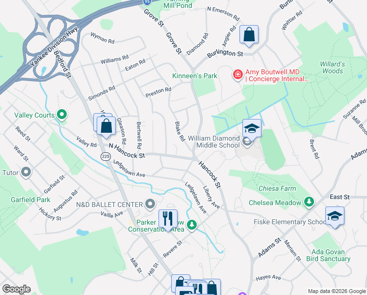 map of restaurants, bars, coffee shops, grocery stores, and more near 10 Blake Road in Lexington