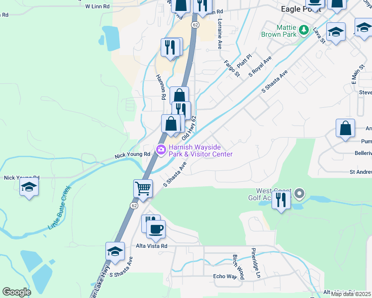 map of restaurants, bars, coffee shops, grocery stores, and more near 966 S Shasta Ave in Eagle Point