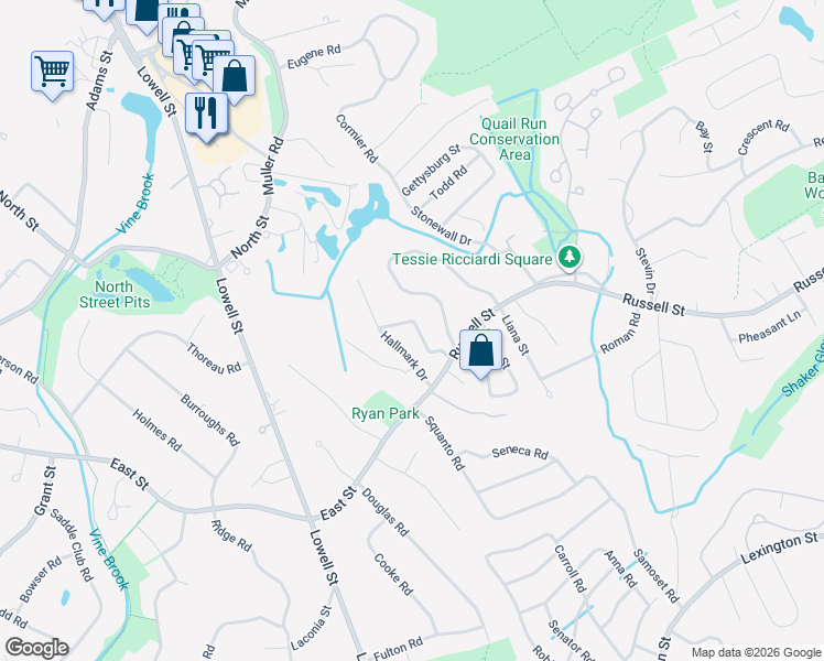 map of restaurants, bars, coffee shops, grocery stores, and more near 8 Kensington Avenue in Woburn