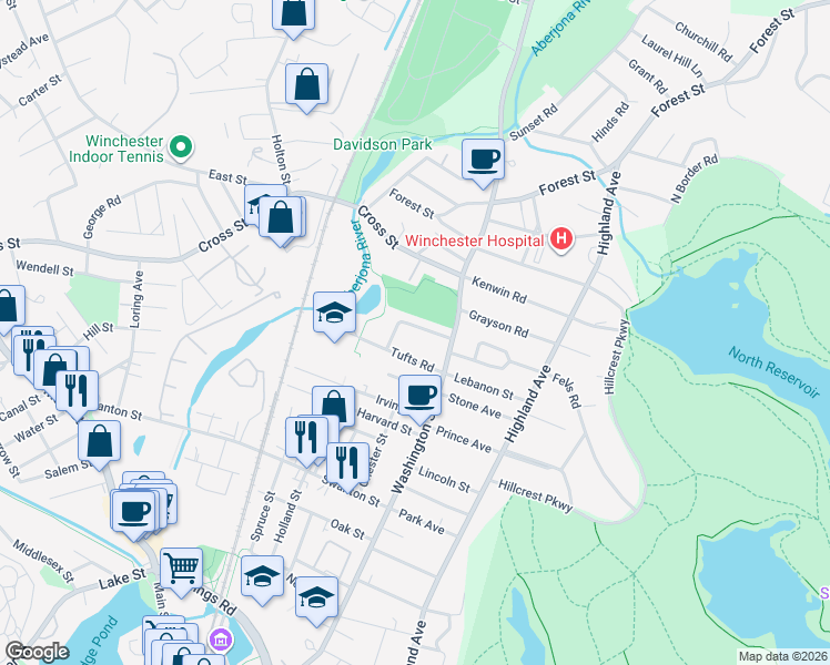 map of restaurants, bars, coffee shops, grocery stores, and more near 18 Nathaniel Road in Winchester