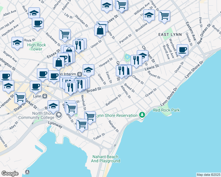 map of restaurants, bars, coffee shops, grocery stores, and more near 40 Broad Street in Lynn