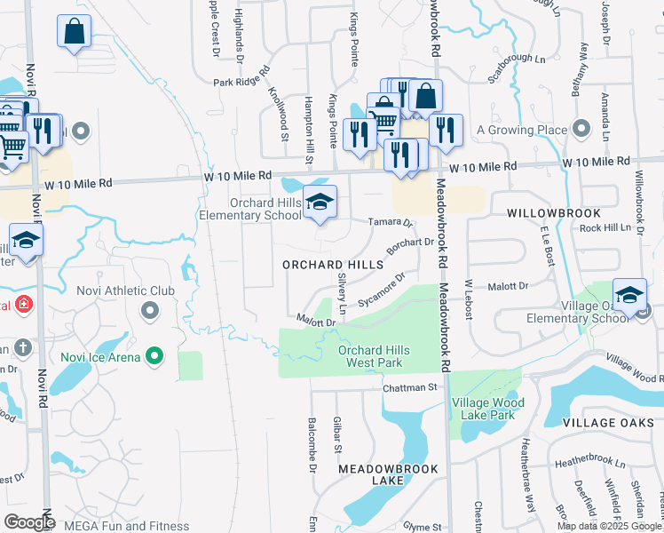 map of restaurants, bars, coffee shops, grocery stores, and more near in Novi