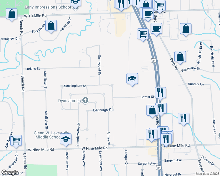 map of restaurants, bars, coffee shops, grocery stores, and more near 23825 Edinburgh Street in Southfield