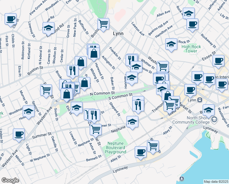 map of restaurants, bars, coffee shops, grocery stores, and more near 95 North Common Street in Lynn