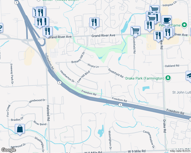 map of restaurants, bars, coffee shops, grocery stores, and more near 36624 Lansbury Lane in Farmington