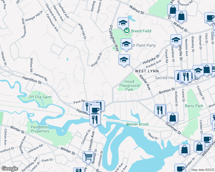 map of restaurants, bars, coffee shops, grocery stores, and more near 52 Winnepurkit Avenue in Lynn