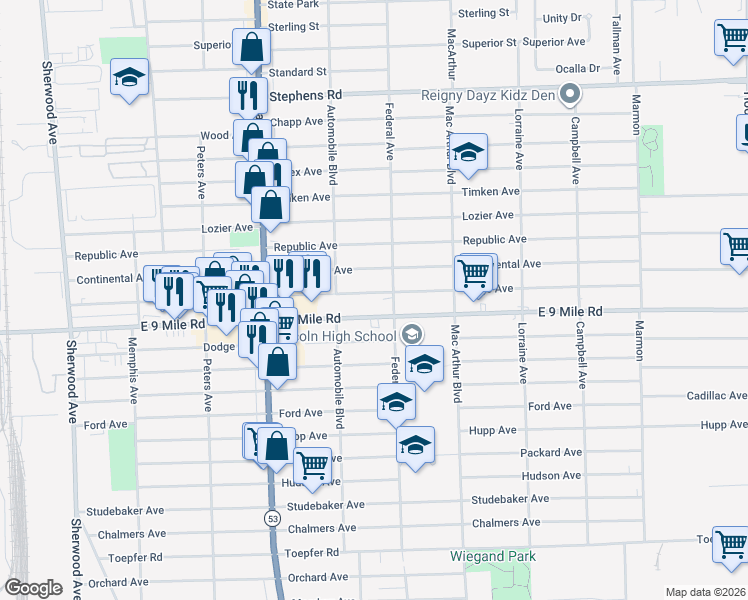map of restaurants, bars, coffee shops, grocery stores, and more near 8276 Paige Avenue in Warren