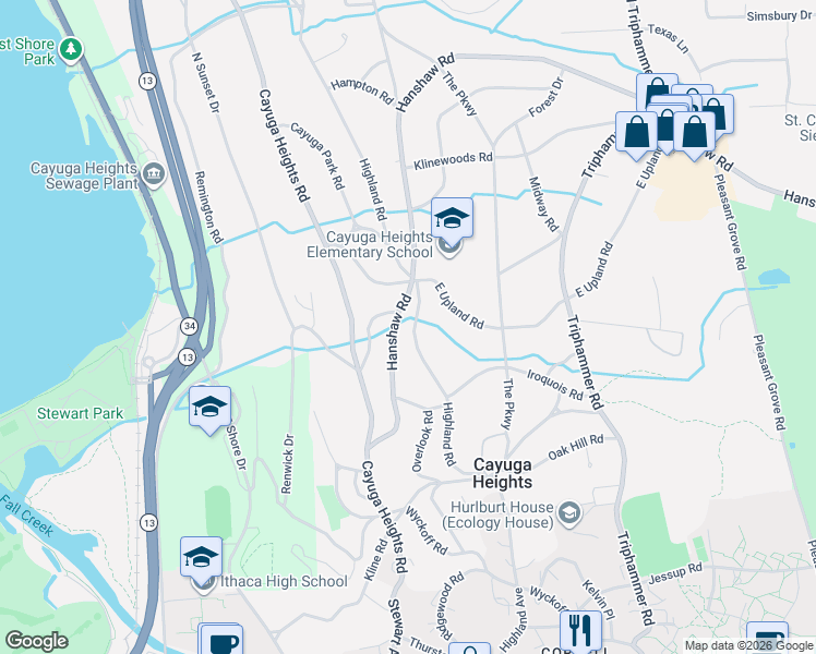 map of restaurants, bars, coffee shops, grocery stores, and more near 212 Hanshaw Rd in Ithaca