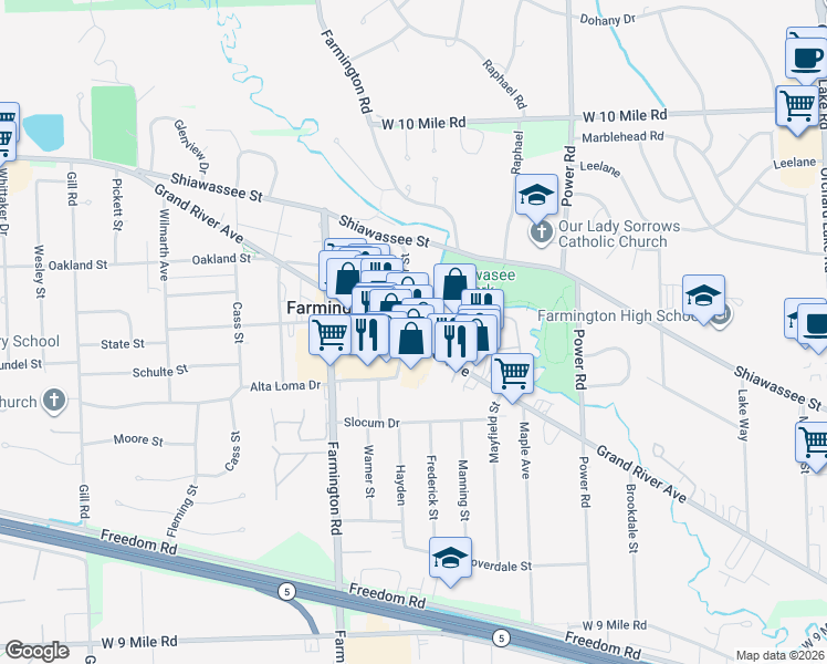 map of restaurants, bars, coffee shops, grocery stores, and more near in Farmington