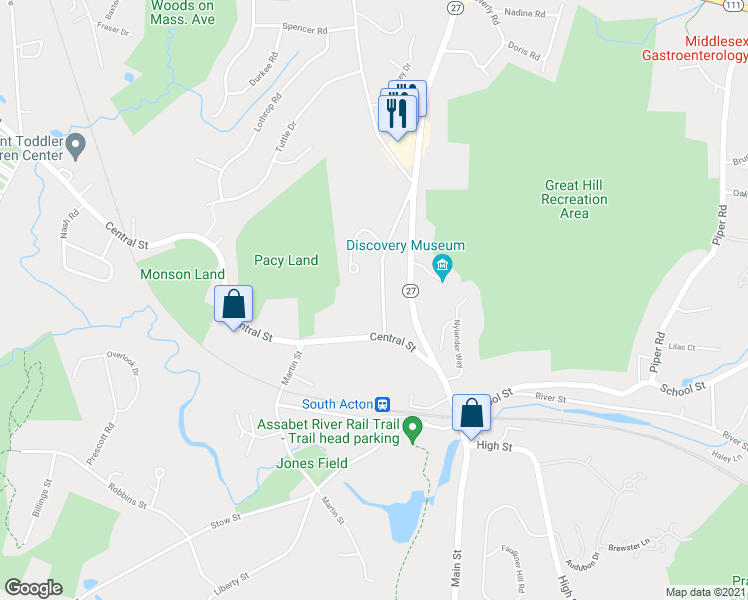 map of restaurants, bars, coffee shops, grocery stores, and more near 18 Prospect Street in Acton