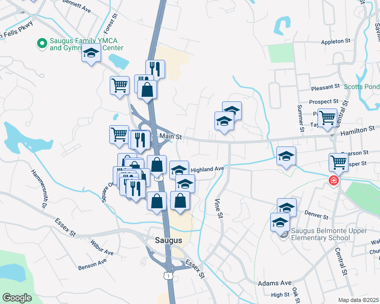 map of restaurants, bars, coffee shops, grocery stores, and more near 11 Kennedy Drive in Saugus