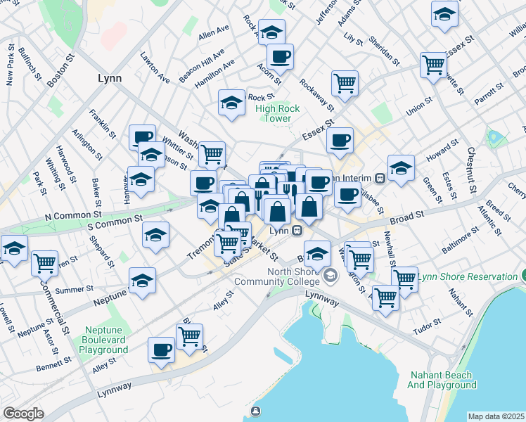 map of restaurants, bars, coffee shops, grocery stores, and more near 173 Oxford Street in Lynn