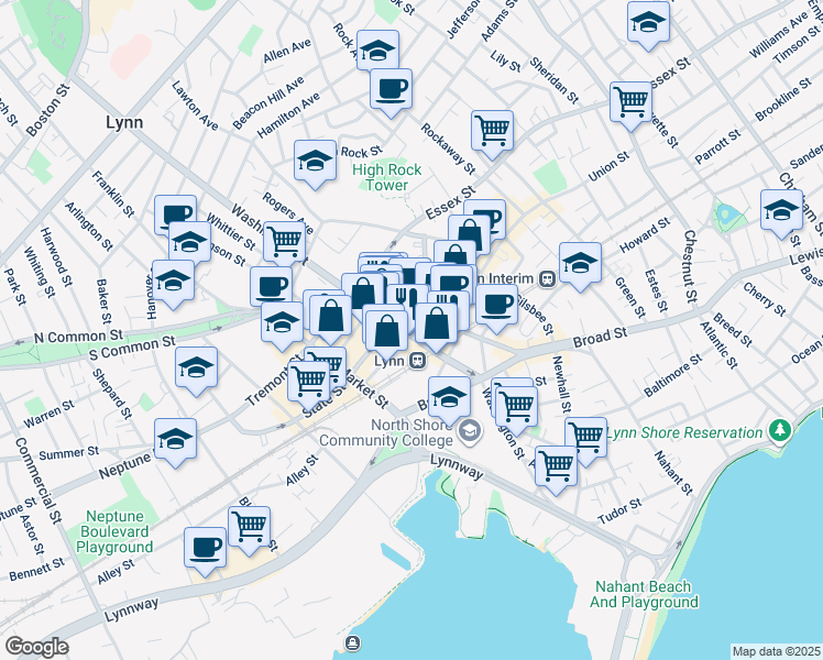 map of restaurants, bars, coffee shops, grocery stores, and more near 491 Washington Street in Lynn
