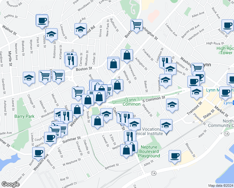 map of restaurants, bars, coffee shops, grocery stores, and more near 177 North Common Street in Lynn