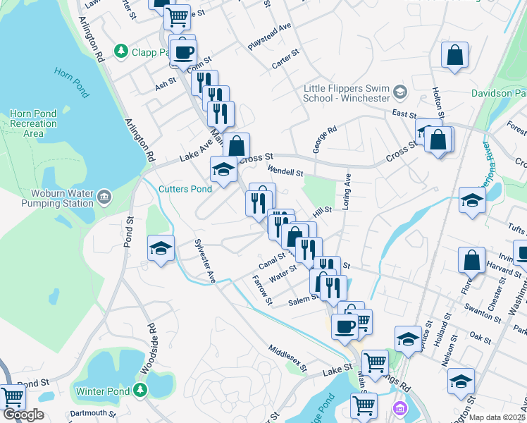 map of restaurants, bars, coffee shops, grocery stores, and more near 955 Main Street in Winchester