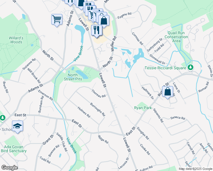 map of restaurants, bars, coffee shops, grocery stores, and more near 581 Lowell Street in Lexington