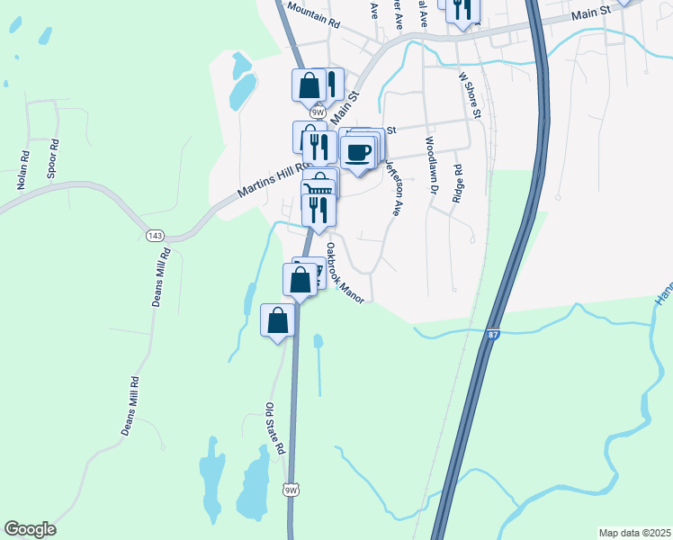 map of restaurants, bars, coffee shops, grocery stores, and more near Oakbrook Manor in Ravena