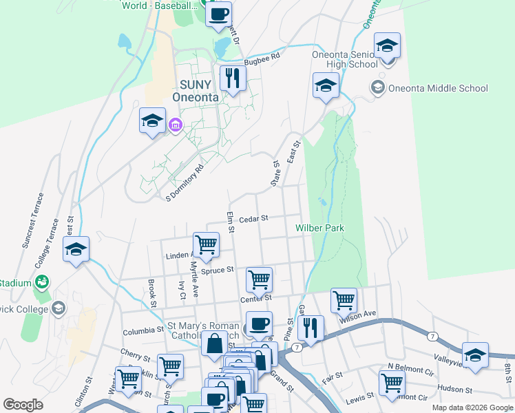 map of restaurants, bars, coffee shops, grocery stores, and more near 31 Cedar Street in Oneonta