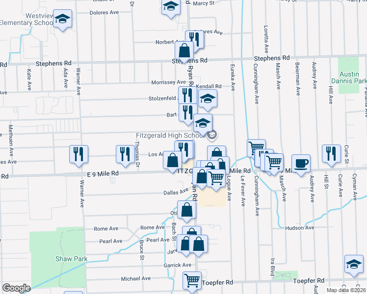 map of restaurants, bars, coffee shops, grocery stores, and more near 4021 Los Angeles Avenue in Warren