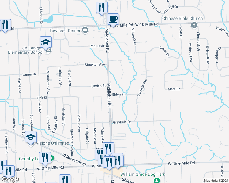 map of restaurants, bars, coffee shops, grocery stores, and more near 29386 Eldon Street in Farmington Hills