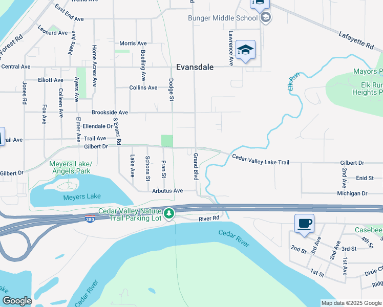 map of restaurants, bars, coffee shops, grocery stores, and more near 836 Grand Boulevard in Evansdale