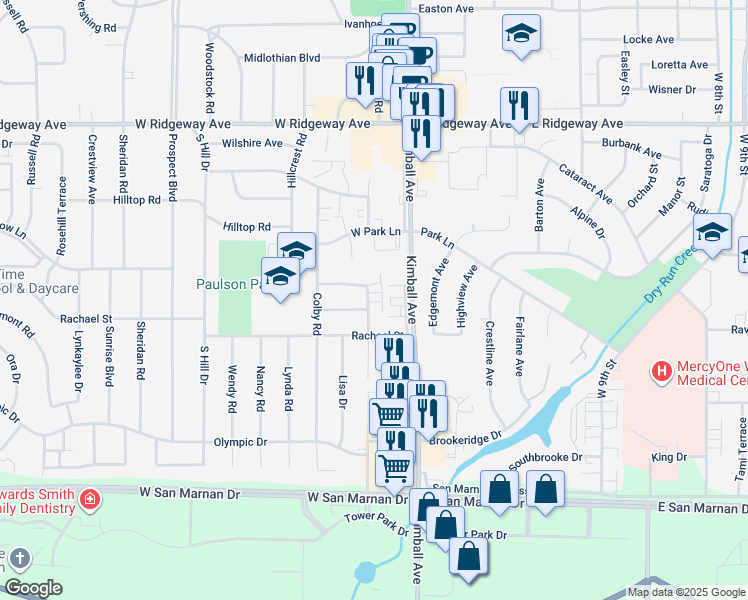 map of restaurants, bars, coffee shops, grocery stores, and more near 3346 Kimball Avenue in Waterloo