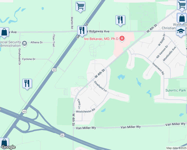 map of restaurants, bars, coffee shops, grocery stores, and more near 3738 Quail Place in Waterloo