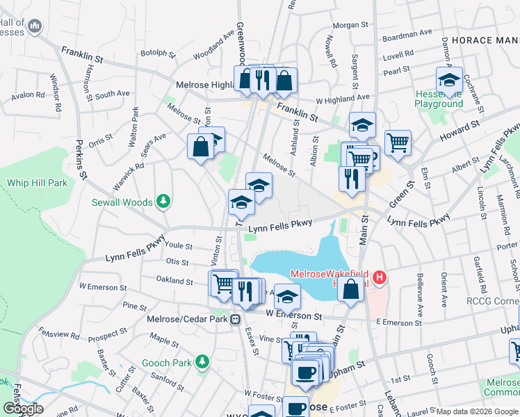 map of restaurants, bars, coffee shops, grocery stores, and more near 360 Lynn Fells Parkway in Melrose