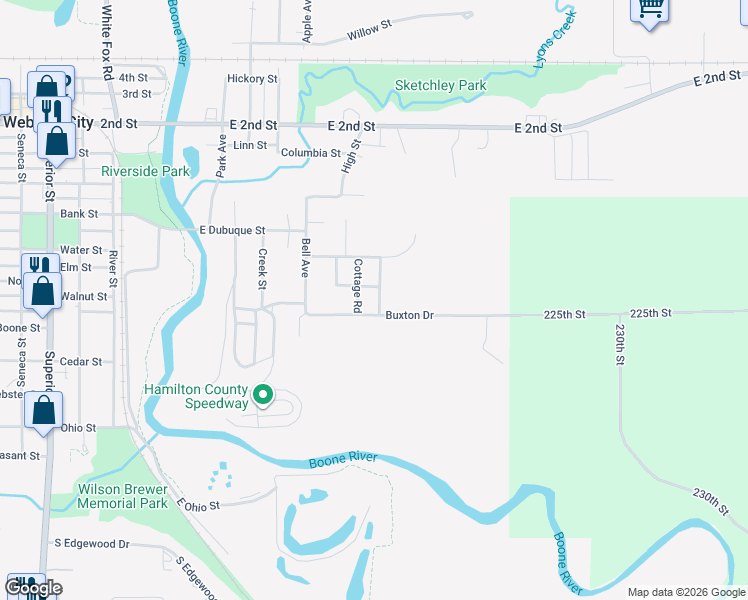map of restaurants, bars, coffee shops, grocery stores, and more near 1200-1220 Cottage Rd in Webster City