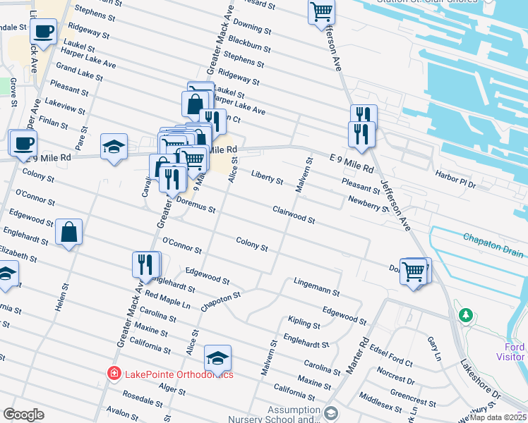 map of restaurants, bars, coffee shops, grocery stores, and more near 22641 Doremus Street in St. Clair Shores