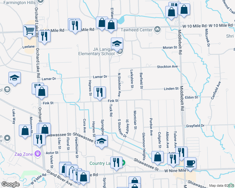 map of restaurants, bars, coffee shops, grocery stores, and more near 30240 Fink Street in Farmington Hills