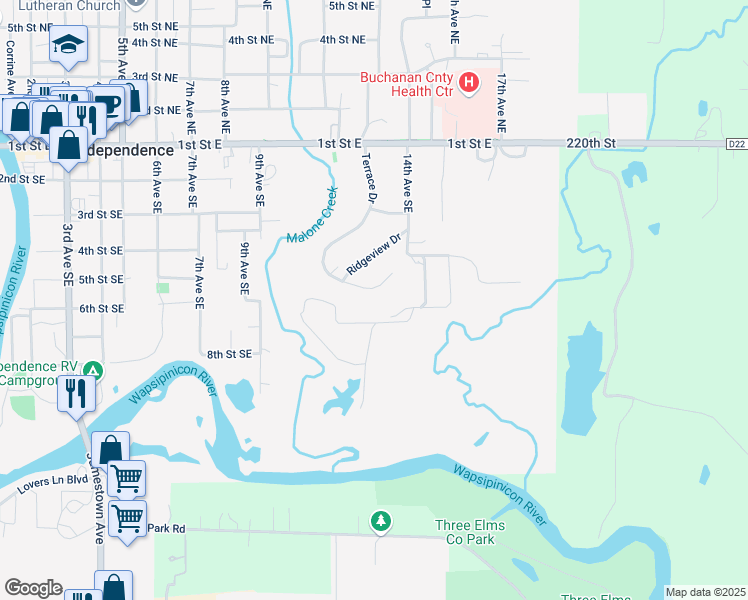 map of restaurants, bars, coffee shops, grocery stores, and more near Upper Terrace Drive in Independence
