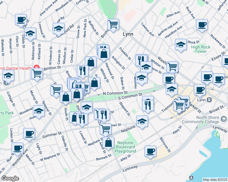 map of restaurants, bars, coffee shops, grocery stores, and more near 117 North Common Street in Lynn