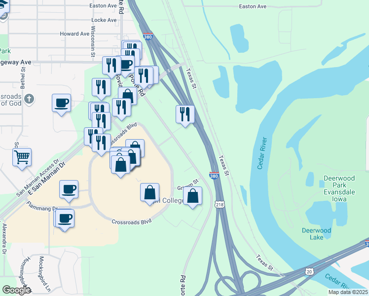 map of restaurants, bars, coffee shops, grocery stores, and more near in Waterloo