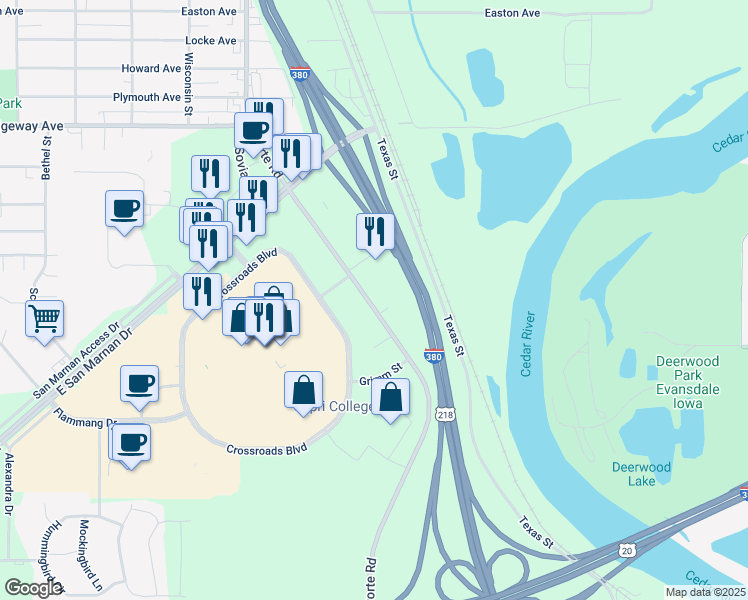 map of restaurants, bars, coffee shops, grocery stores, and more near in Waterloo