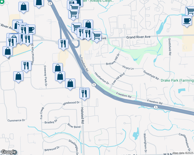 map of restaurants, bars, coffee shops, grocery stores, and more near 36915 Heatherton Drive in Farmington