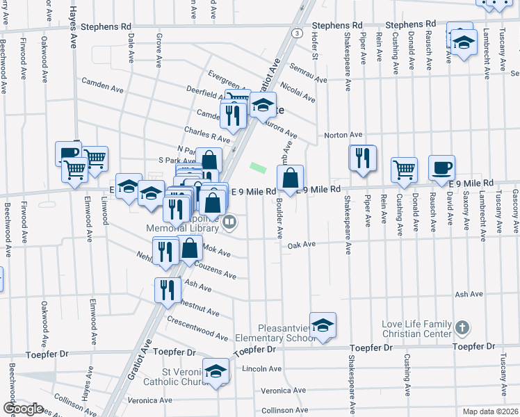 map of restaurants, bars, coffee shops, grocery stores, and more near 22480 Nevada Avenue in Eastpointe