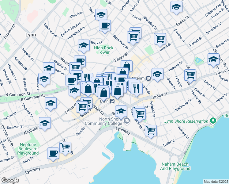 map of restaurants, bars, coffee shops, grocery stores, and more near 491 Washington Street in Lynn