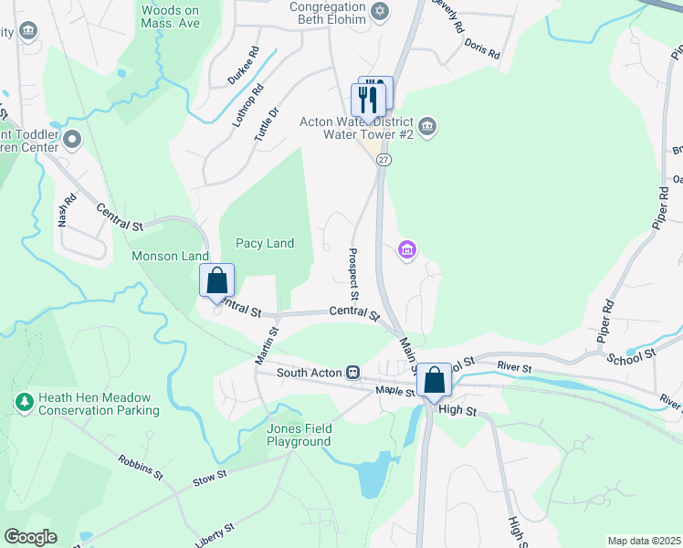 map of restaurants, bars, coffee shops, grocery stores, and more near 18 Prospect Street in Acton