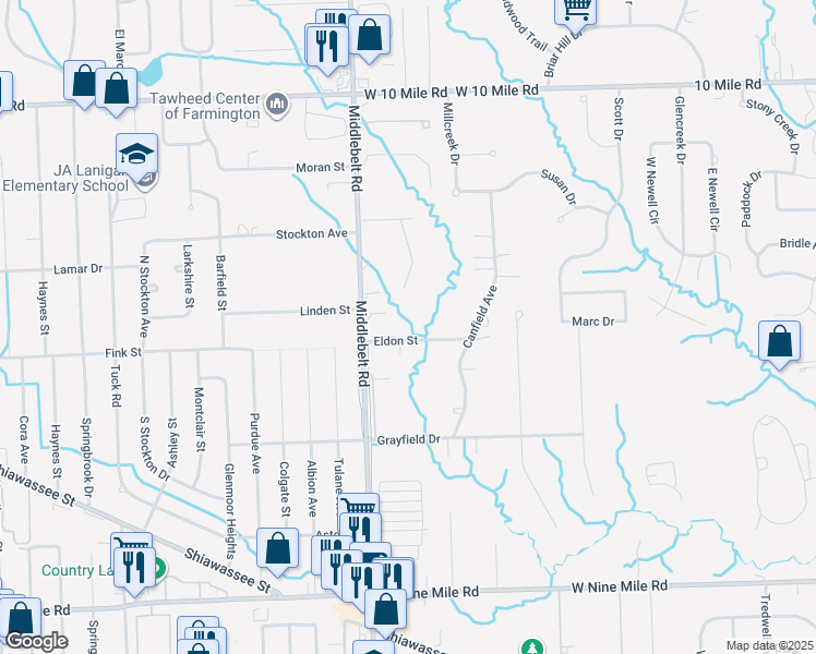 map of restaurants, bars, coffee shops, grocery stores, and more near 29300 Eldon Street in Farmington Hills