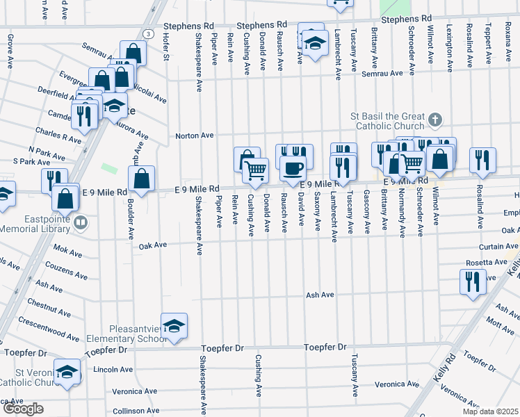 map of restaurants, bars, coffee shops, grocery stores, and more near in Eastpointe