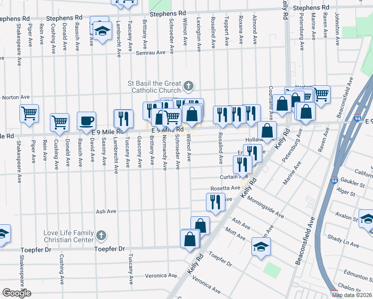map of restaurants, bars, coffee shops, grocery stores, and more near 22483 Wilmot Avenue in Eastpointe
