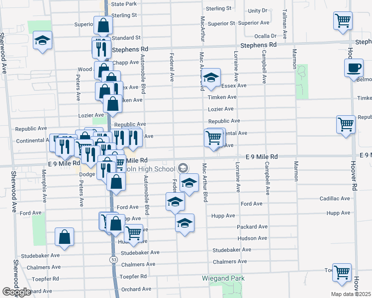 map of restaurants, bars, coffee shops, grocery stores, and more near 8439 East 9 Mile Road in Warren