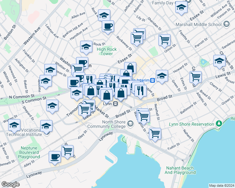 map of restaurants, bars, coffee shops, grocery stores, and more near 56 Central Square in Lynn